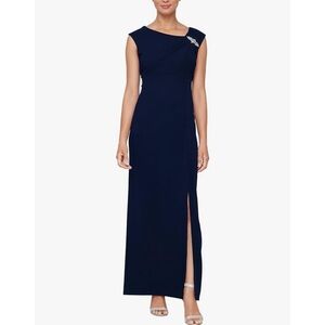 NEW SLNY dress navy blue Long Maxi Crystal Embellishment Front Slit Formal Sz 10